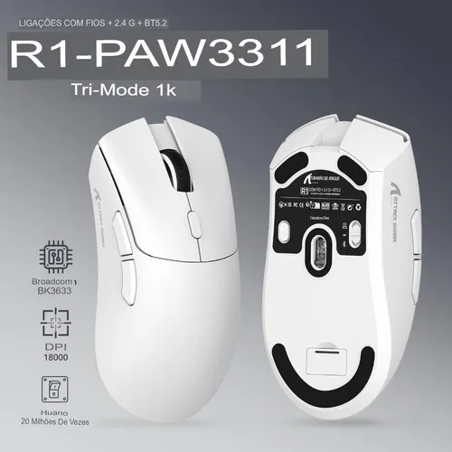 Ratón Gamer Attack Shark R1 18000dpi Paw3311 Tri-Mode 1000 Hz Blanco