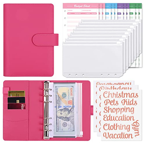 Carpeta A6  +8 Folios Zip + Grillas De Gastos Cuero Fucsia