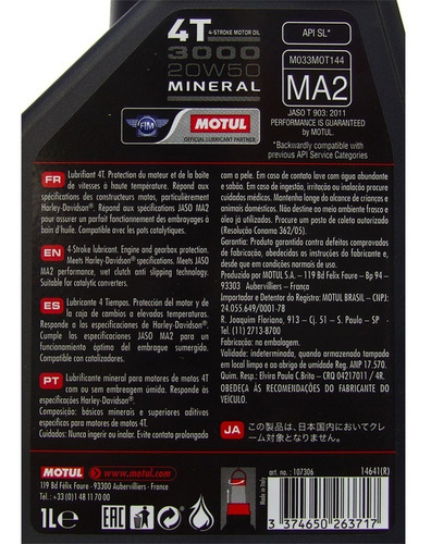 Imagen 2 de 3 de Aceite Motul Mineral 3000 4t 20w50 Harley Davidson 1 L