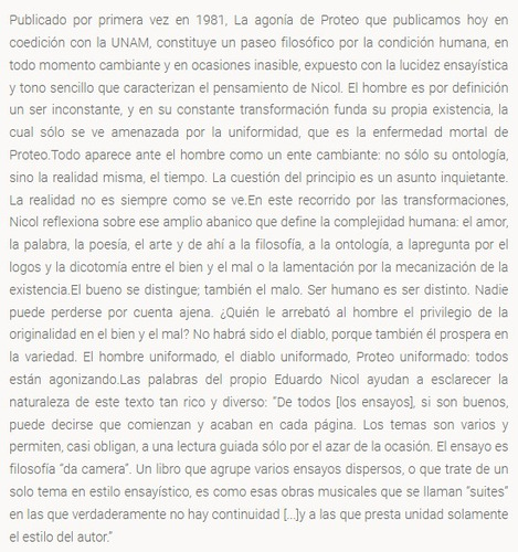 La Agonía De Proteo - Eduardo Nicol / Herder + Sorpresa