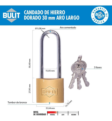 Candado De Hierro Dorado Bulit N° 30 Aro Largo