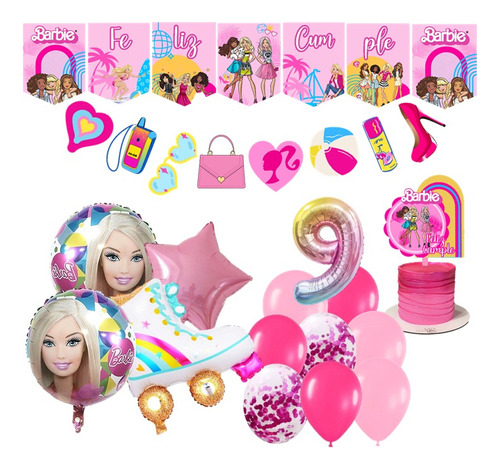 Combo Globos Barbie Número 40cm + Estrella + Patín 