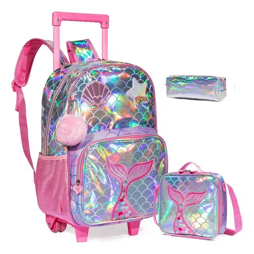 Mochila Con Ruedas Dise o Sirena Rosa Lonchera Y Lapicera Cuotas