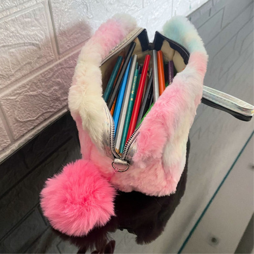 Estuche escolar Plush Kitten Box Necessaire Pompom, tamaño grande, color gatito rosa