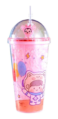 Vaso Glitter Rosa Con Luz Led Niña Astronauta Globos