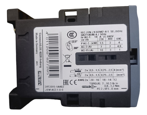 Contactor Siemens 3rt2015-1ak62, 7a Bobina 110v, 1n.c.