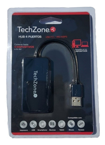 Imagen 2 de 2 de Extension Con 4 Puertos Usb Tech Zone Hub 4 Entradas Usb