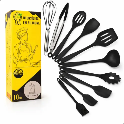 Conjunto Kit Utensílios  De Cozinha Silicone X-Matte 10 Peças Preto Não Risca Panela Antiaderente Espátula Concha Escumadeira Resistente Ao Calor Livre BPA