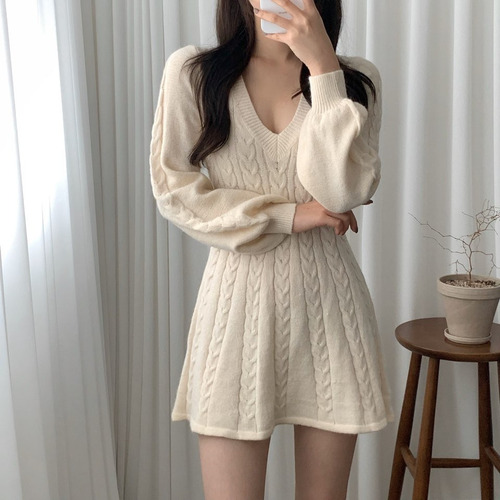 Elegante Minisuéter De Punto Con Cuello En V Y Manga Larga E
