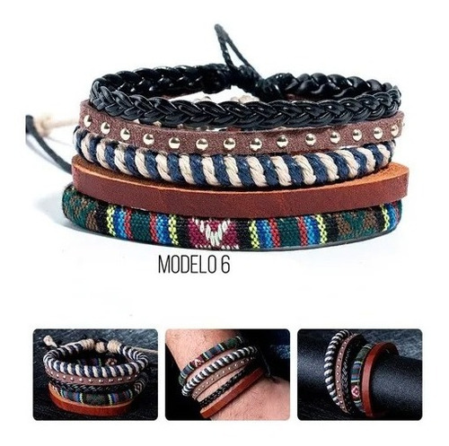 Pulsera Cuero Boho Tejido Vintage Multicapa Unisex Ajustable