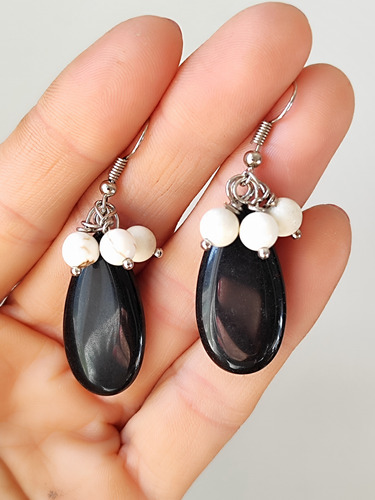 Aros Obsidiana Y Howlita Cristal Natural Coraocristales 