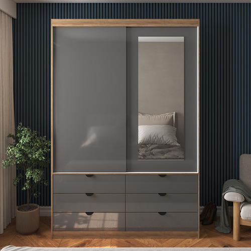 Guarda-roupa Roupeiro Cinza Grafite 2 Portas De Correr, 6 Gavetas, Espelho E Puxador Metálico - Estrutura Robusta Em Mdf, Ideal Para Quarto De Casal Ou Solteiro Design Industrial