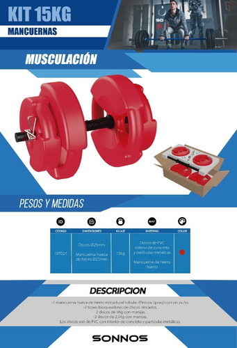Mancuerna C/topes + 15 Kg Pesas Discos C/manijas 25mm Sonnos
