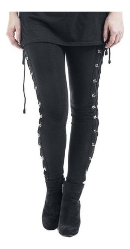 Women Gothic Lace-up Side Leggings Black Leather