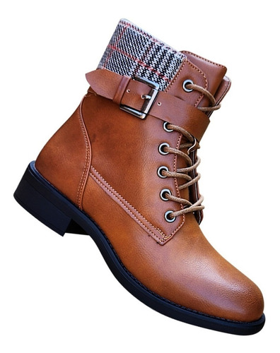 Botin Mujer De Cuero Pu Con Diseño Escoces Casual Camel 7146