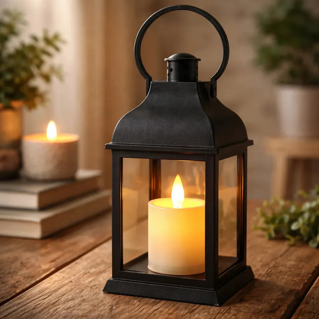 Lamparina Decorativa Preta com Vela Eletrônica de LED