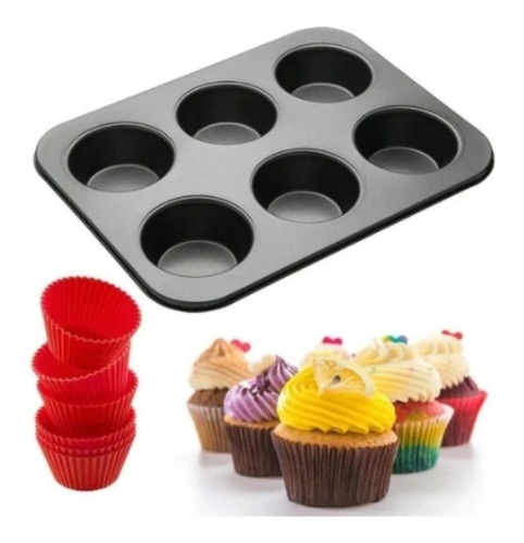 Imagem 1 de 7 de Forma Para Cupcakes Com 6 Cavidades E Forminhas De Silicone