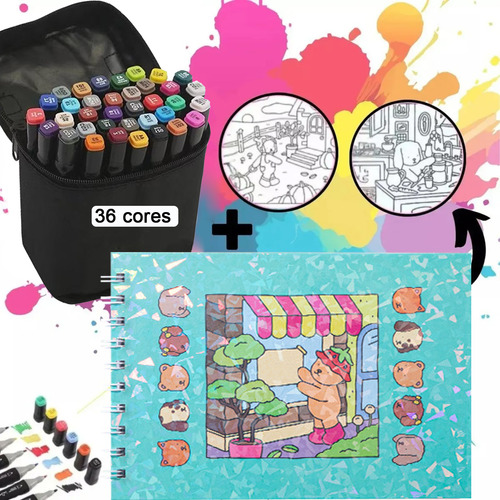 Kit Canetas 36 Cores E Livros De Colorir