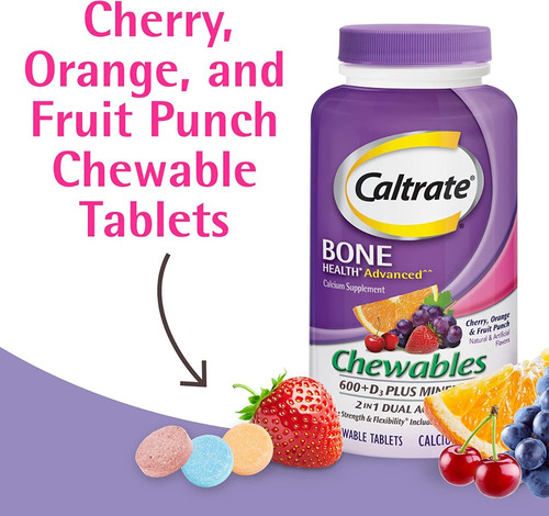 155chewable Calcio 600 Vitamina D3 Minerales / Hueso Dientes Sabor Fruta Natural