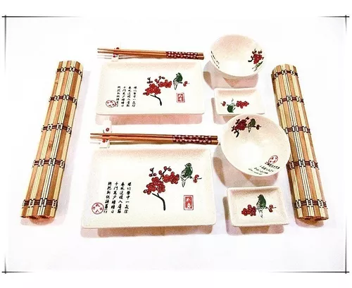 TARA* Sushi Kit Completo para 2 Personas, Palillos chinos, Esterillas,  Cuenco Porcelana y Accesorios SET 8.
