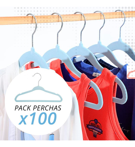 Pack 100 Perchas Felpa Terciopelo Slim Celeste Infantil
