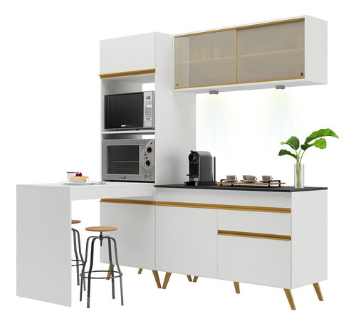 Armário Cozinha Compacta 182cm Veneza Up Multimóveis V2027 Cor Branco/Dourado