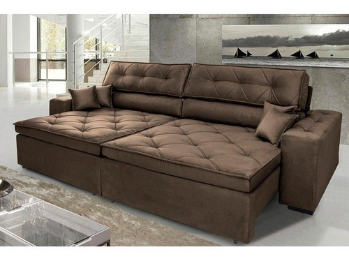 Sofá Austin 2,02m Retrátil, Reclinável com Molas no Assento e Almofadas, Suede Café Cama inBox