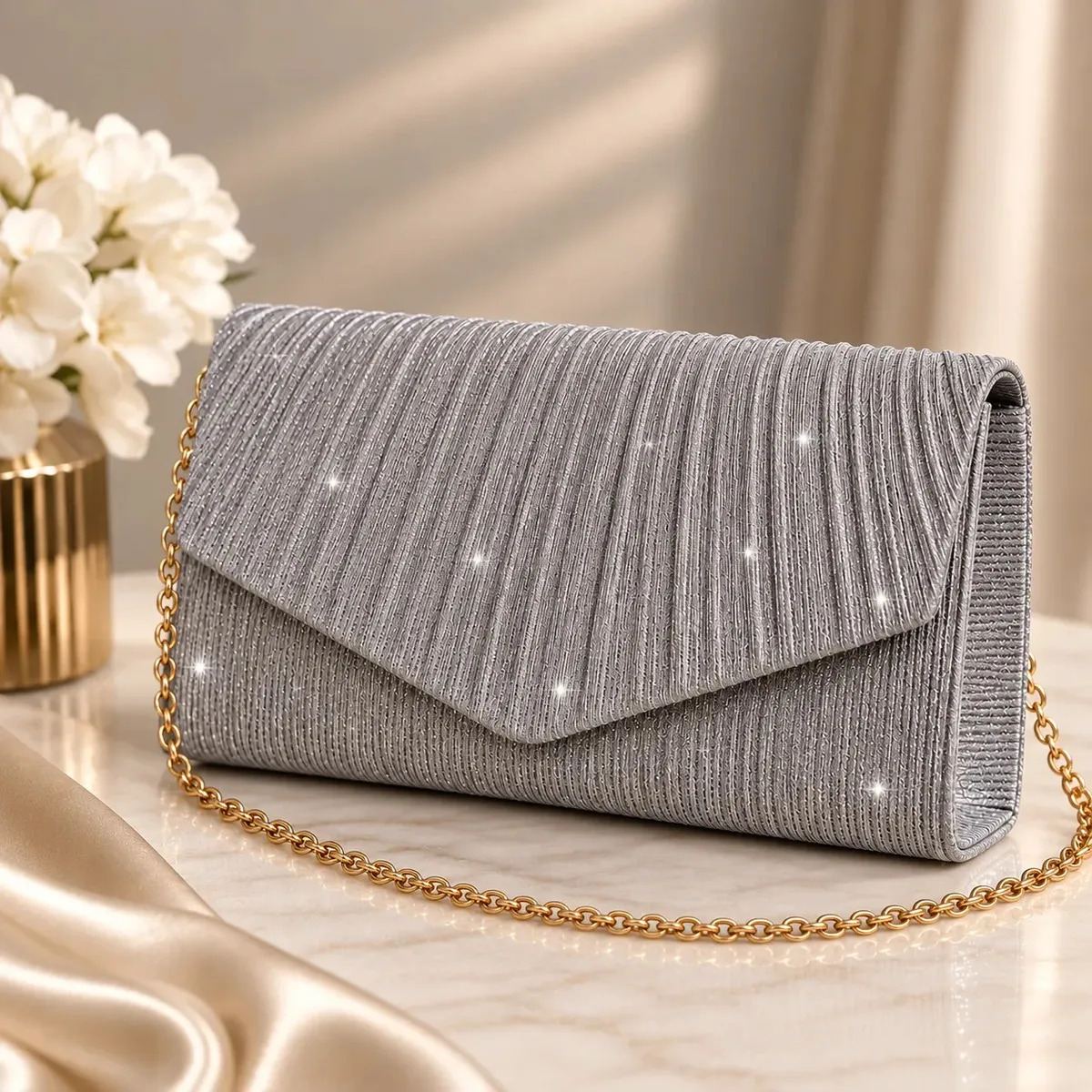 Bolsa Festa Feminina Carteira De Mão Com Corrente Clutch Brilho Cinza Artestore