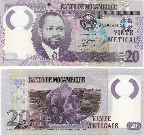 Billete Mozambique 20 Meticais 2011 Polimero Sin Circular (Usado)