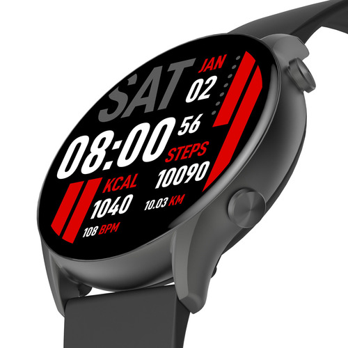 Imagen 5 de 10 de Smartwatch Kieslect Kr 1.32" caja 45.7mm de metal negra, malla negra de silicona y bisel negro