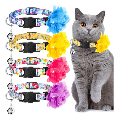 4 Piezas Collar De Gato Con Campana Y Patrones Florales Ext.