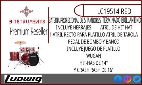 Batería 5tambores Ludwig Lc19514 Rojo Sparkle Y Accesorios