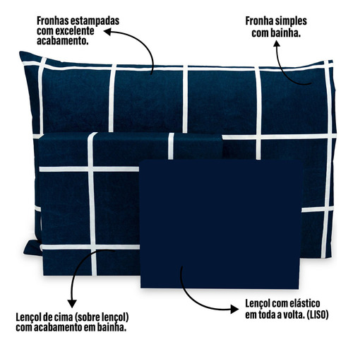 Lençol Solteirão 3pç Ponto Palito Percal Flex Estampado 400f Cor Grid marinho-marinho Desenho do tecido Xadrez
