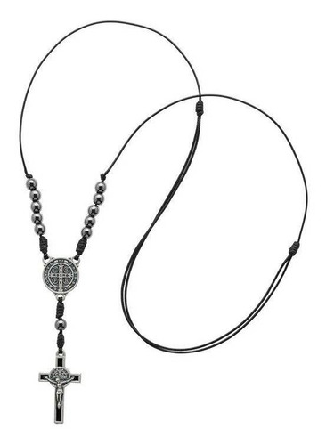 Colar Dezena Hematita 6mm Com Cruz De São Bento