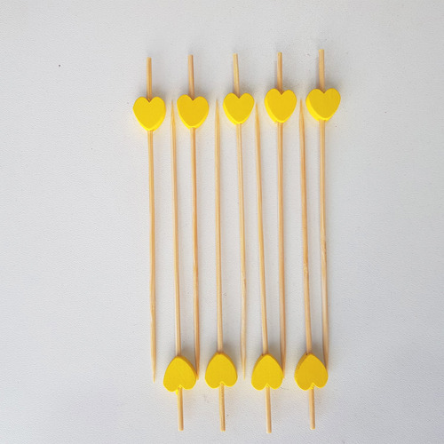 150 Espeto Enfeite Coração Amarelo 12 Cm Evento Lanche Drink