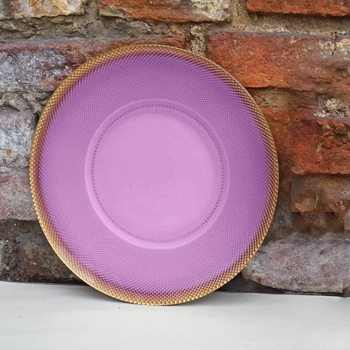 Set 18 Vajilla Platos Compoteras Postre Color Borde Dorado Lila Y Dorado