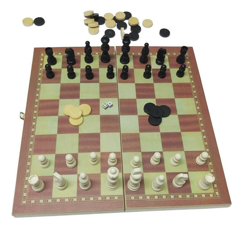 Jogo Tabuleiro De Xadrez Dama Gamão 28,5 Cm Madeira