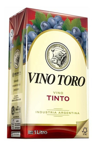 Pack X 12 Unid. Vino  Tetra Tinto 1 Lt Toro Vinos En Tetra