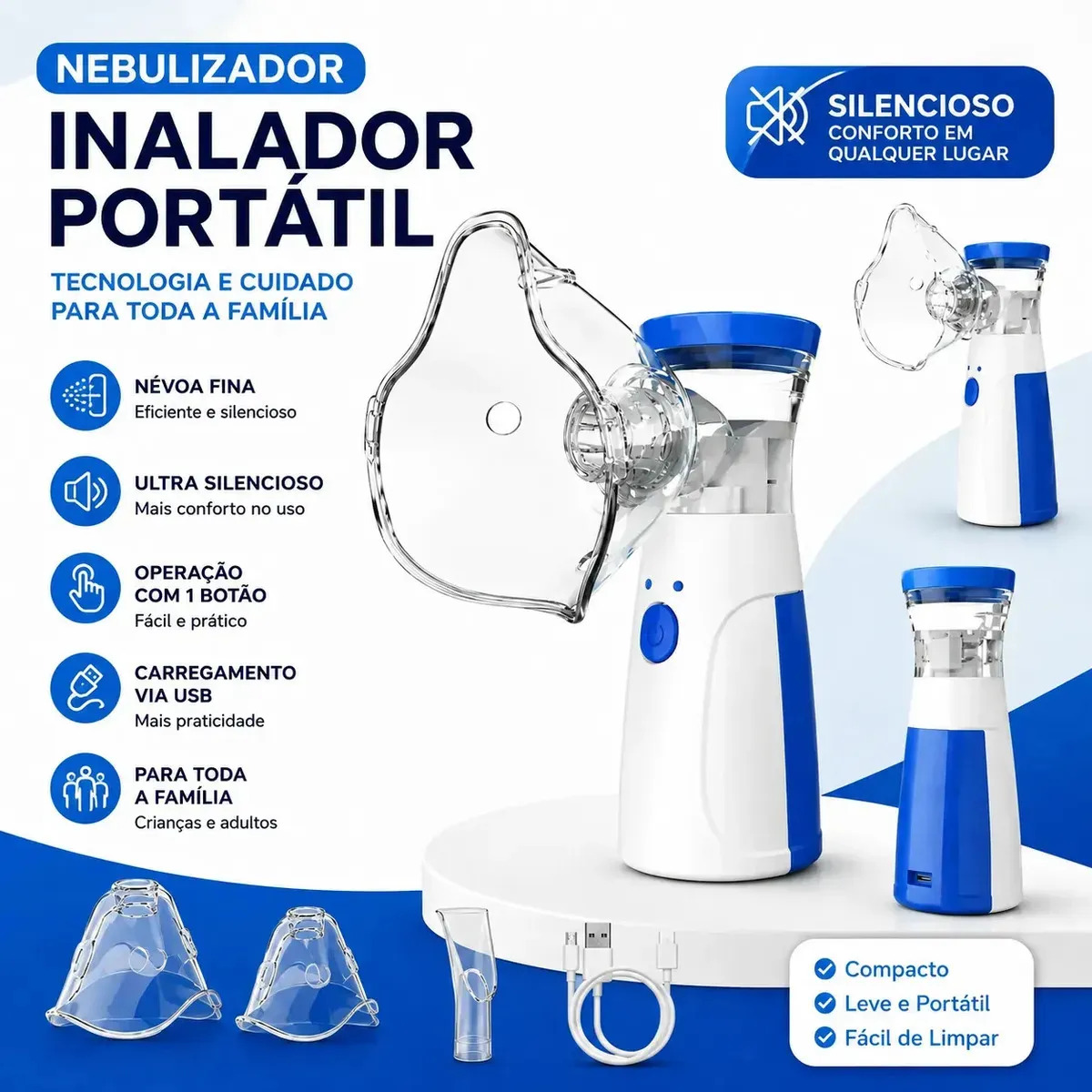 Inalador Nebulizador Portátil Fagevan Usb Pilha Cor Azul Silencioso Aparelho Inalação Compacto Mesh Bivolt Nebulizador Com Rede Vibratoria Aparelho Para Inalacao Inalador Silencios
