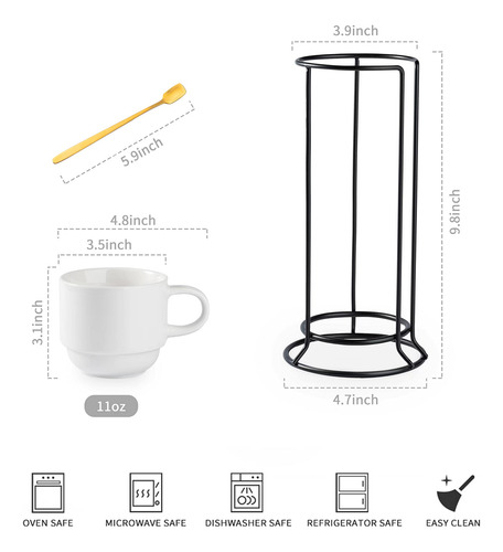Tazas De Cafe De Porcelana Color Blanco Con Soporte De Metal