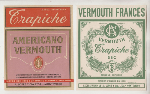 Lote 2 Antiguas Etiquetas Vermouth Trapiche Uruguay Vintage