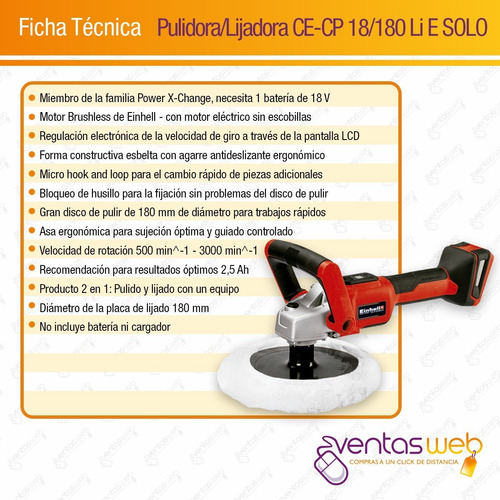 Imagen 7 de 8 de Pulidora Lustradora Inalambrica Einhell Brushless Sola + Acc