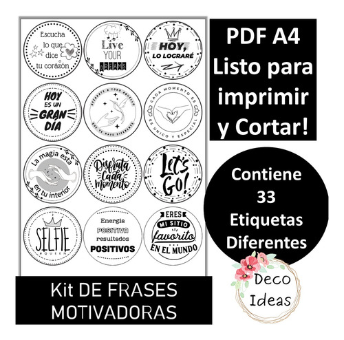 Kit Imprimible 07 Frases Motivadoras Stikers Tag Topper