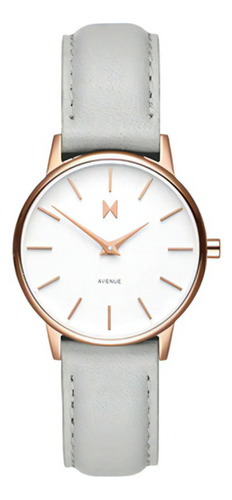 Reloj pulsera Mvmt Avenue D-MA01-RGGR de cuerpo color blanco, analógico, para mujer, con correa de cuero color blanco, bisel color blanco y hebilla simple