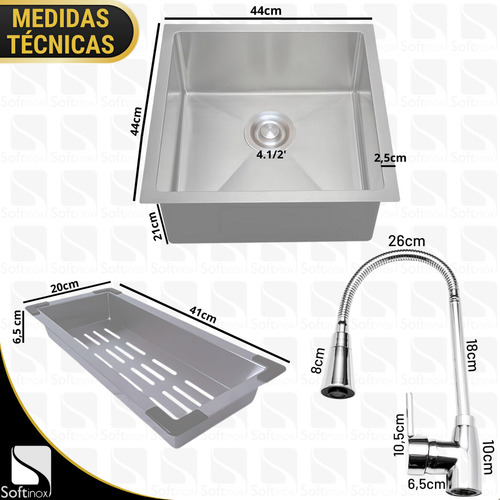 Kit Cuba Cozinha Gourmet 44x44 Inox Com Torneira Monocomando Cor Escovado