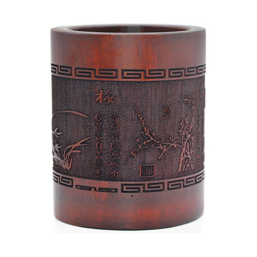 Vintage Chinese Bamboo Wood Desk Pen Pencil Cup Holder ...