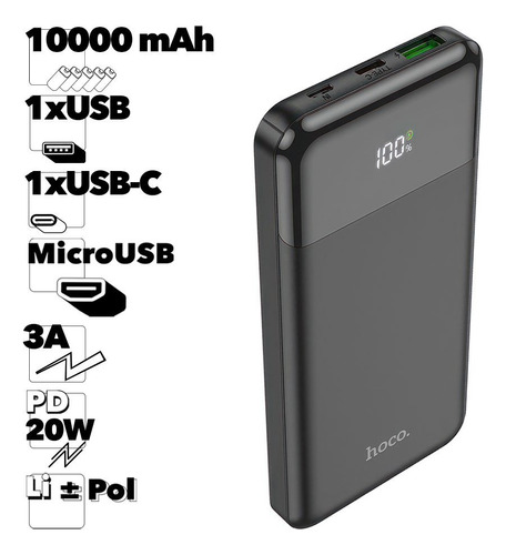 Cargador Hoco J102 usb/usb-c portátil con cable carga rápida negro