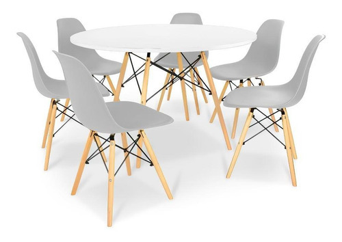 Kit Mesa Jantar Eiffel 120cm Branca +6 Cadeiras Eames Eiffel Cor Cinza