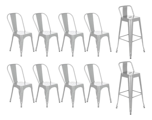 Kit 8 Cadeiras + 2 Banquetas Altas Encosto Iron Tolix Prata