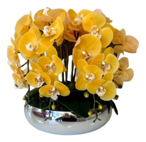 Arranjo Grande 8 Flores Orquídeas Real Amarelas Vaso Prata